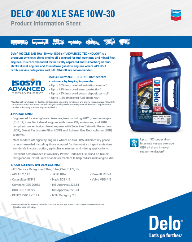 Chevron Delo 400 XLE SAE 10W-30 Synthetic Diesel Engine Oil | Chevron ...